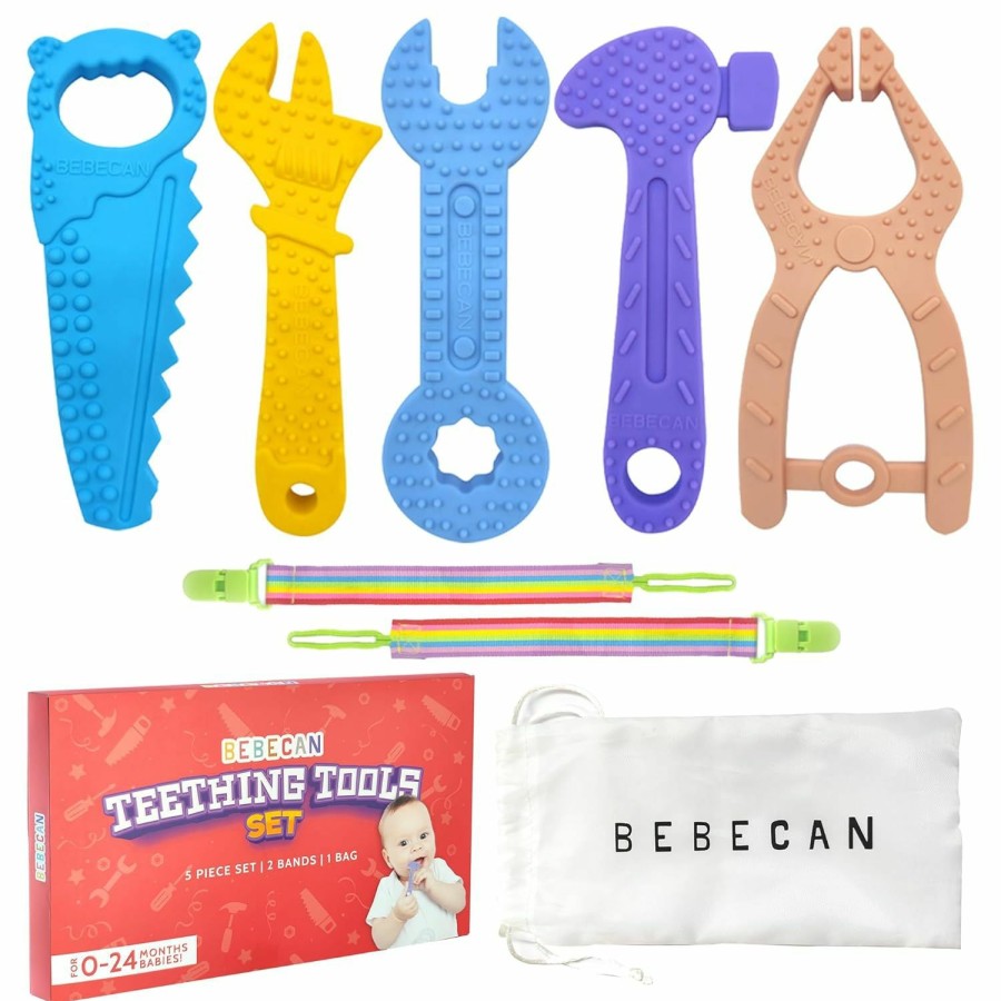 Baby BEBECAN | Bebecan Teething Tools Teether For Baby - 5 Premium Food-Grade Silicone Baby Boy Teething Toys, 2 Straps For Safety And Travel Bag Baby Tool Toys Provide Soothing Relief And Healthy Development.