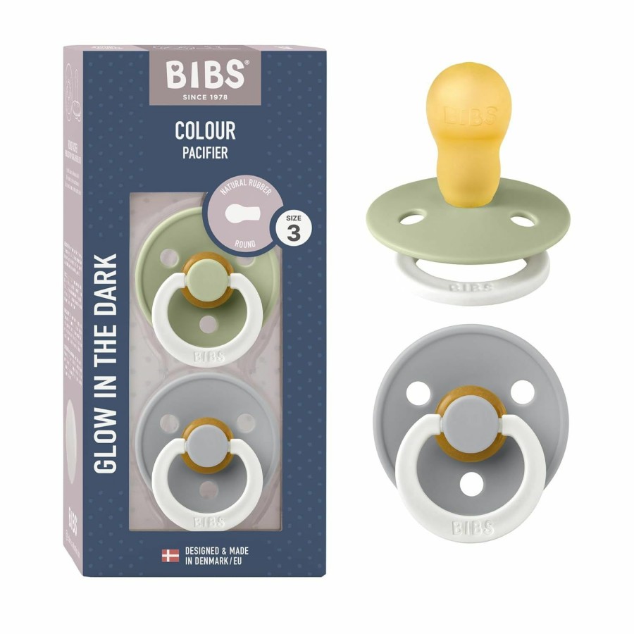 Baby Bibs | Bibs Colour Night Baby Pacifier 2-Pack | Made In Denmark | Bpa Free Dummy Soother, Round Nipple. Natural Rubber Latex, Size 3 (18+ Months), Sage Night/Cloud Night