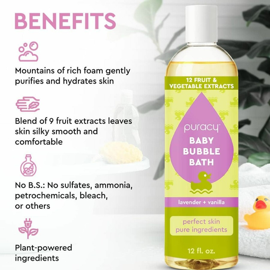 Baby Puracy | Puracy Bubble Bath For Children, Gently Scented With Real Lavender & Vanilla, 98.75% Natural Baby Bubble Bath, Plant-Based Moisturizers For All Skin Types, Tear-Free For Daily Use, 12 Fl Oz