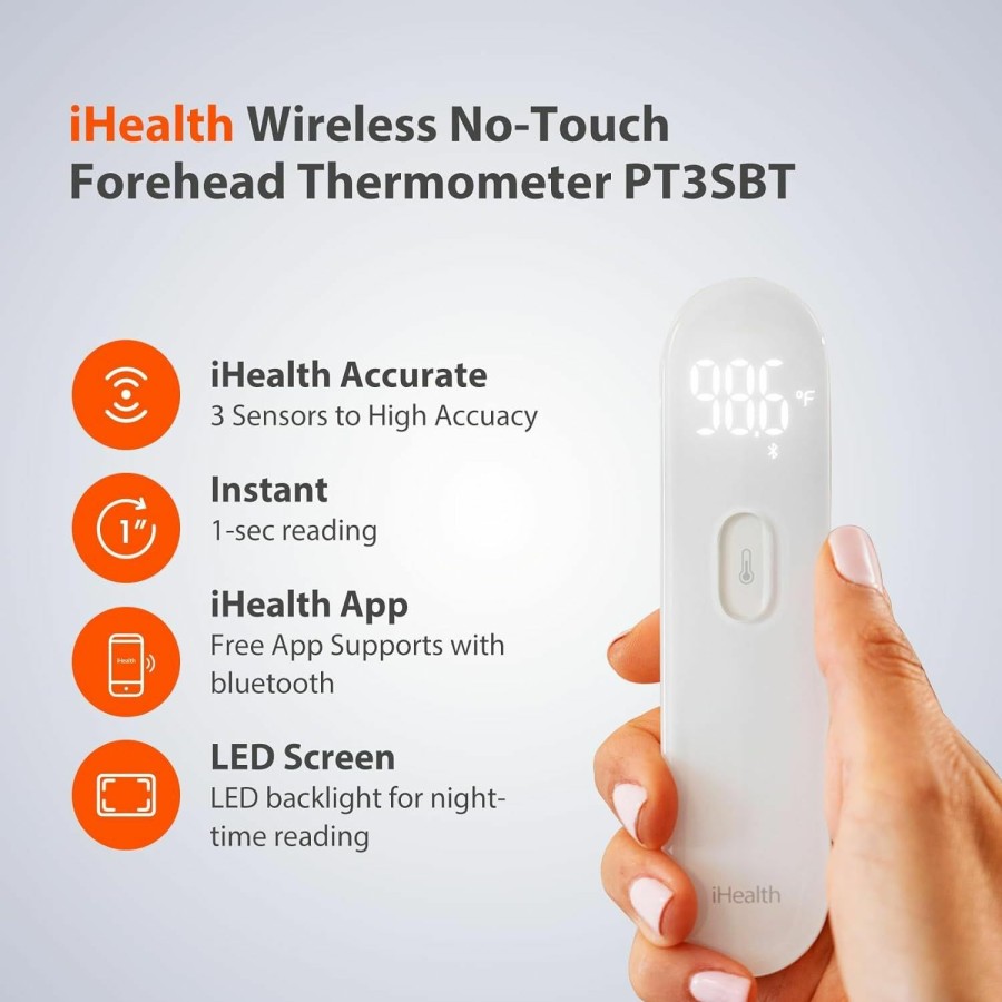 Baby iHealth | Ihealth Smart Bluetooth Thermometer For Adults And Kids - Wireless No-Touch Digital Thermometer For Forehead - 3 Ultra-Sensitive Sensors, Large Led Digits, Vibration Mode - For Home Use, Pt3Sbt