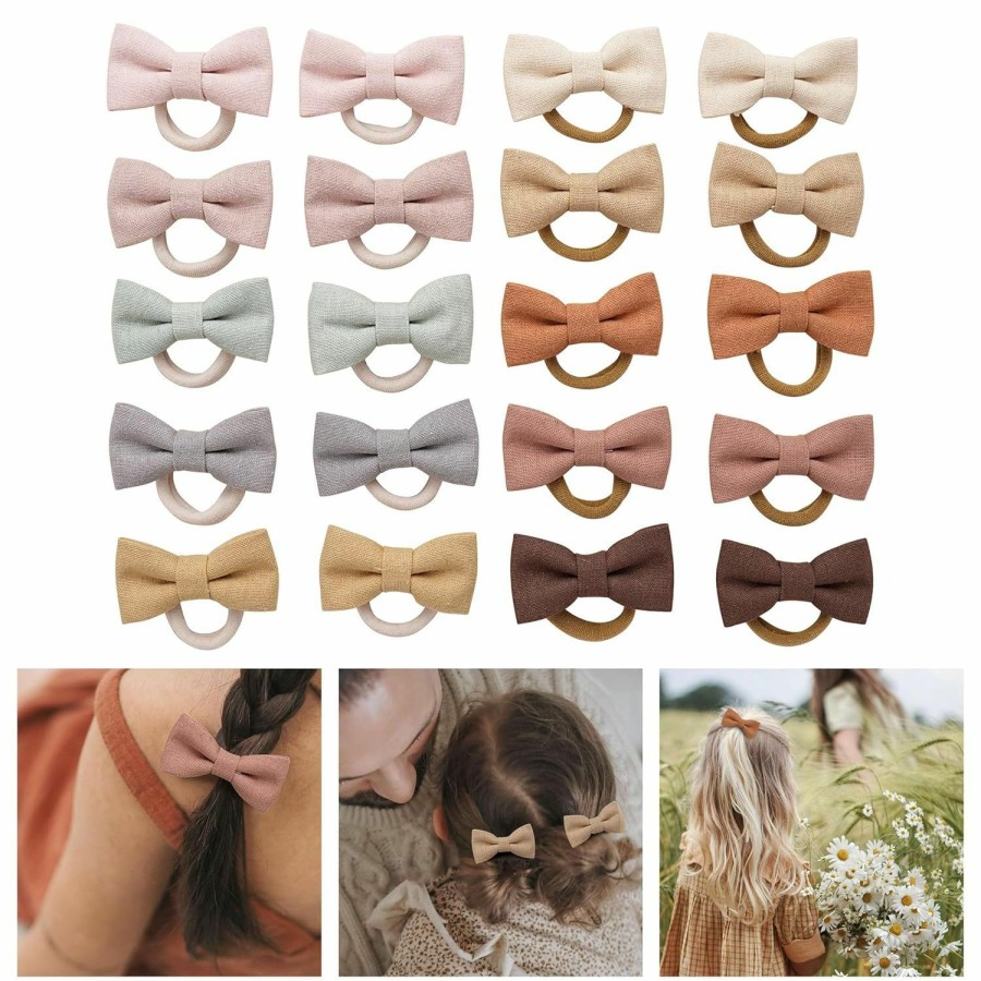 Baby Fancy Clouds | Baby Toddler Girls Hair Ties With Linen Bows,20 Pcs No Damage Elastic Nylon Hair Bands Ponytail Holders,Small Hair Accessories Gifts For Girls Kids Children Thick Thin Hair