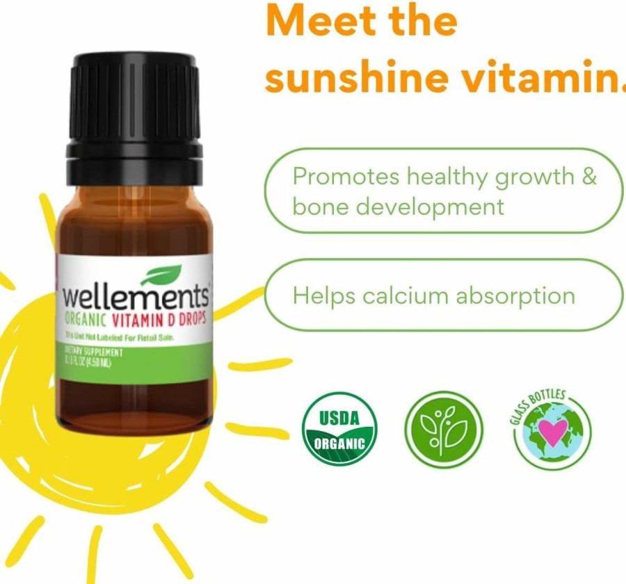 Baby Wellements | Wellements Certified Organic Baby Vitamin D Drops | Liquid Vitamin D3 Supplement For Infants & Toddlers, 1 Drop A Day, Promotes Healthy Growth, Bone Development* | 0.15 Fl Oz