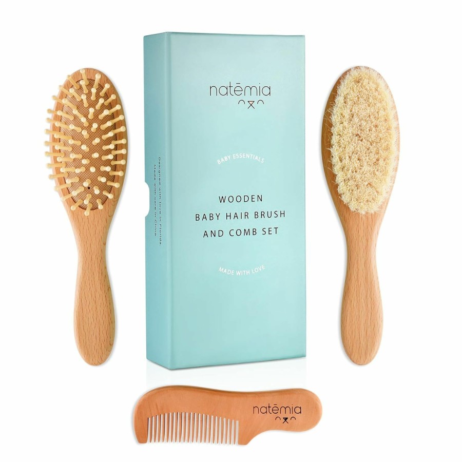 Baby Natemia | Natemia Premium Wooden Baby Hair Brush And Comb Set Natural Soft Bristles Ideal For Cradle Cap - Perfect Baby Registry Gift