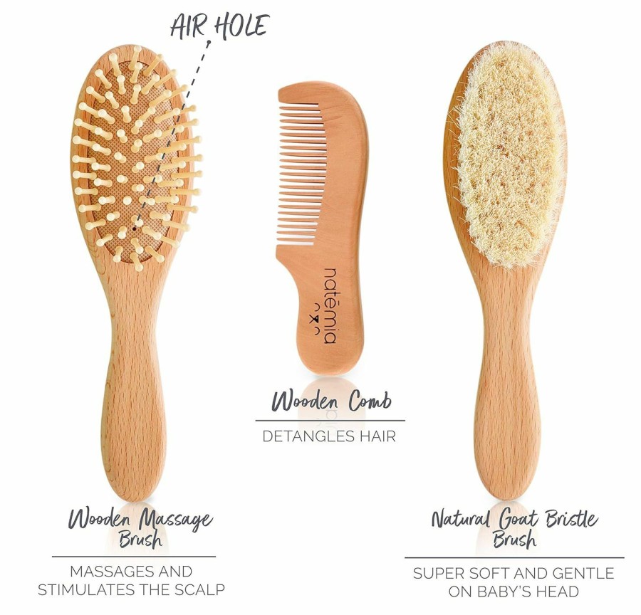 Baby Natemia | Natemia Premium Wooden Baby Hair Brush And Comb Set Natural Soft Bristles Ideal For Cradle Cap - Perfect Baby Registry Gift