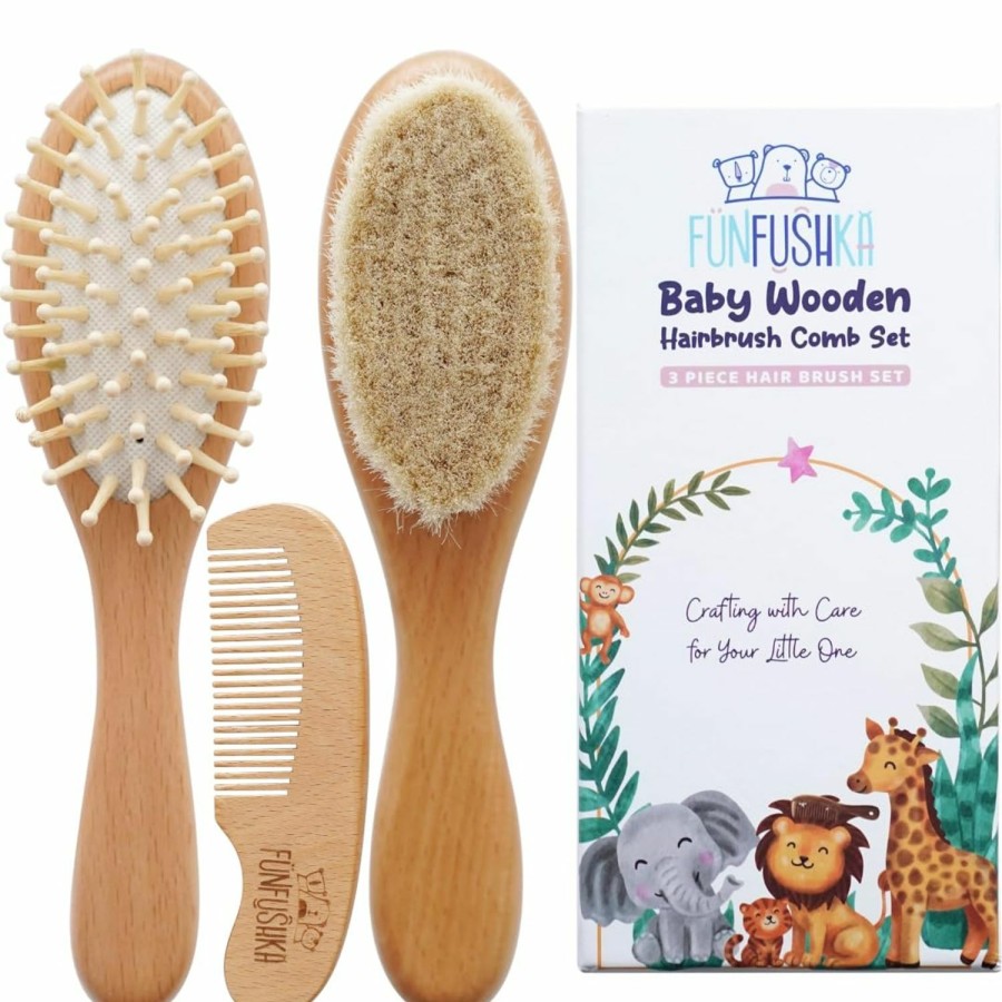 Baby FUNFUSHKA | Funfushka Baby Wooden Hair Brush And Comb Set For Newborn Toddler - Natural Hairbrush With Soft Goat Bristle For Girl And Boy, Perfect For Cradle Cap