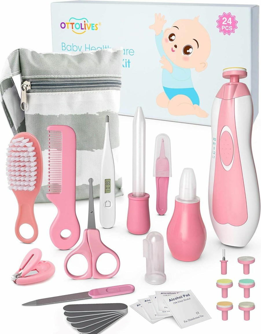 Baby OTTOLIVES | Ottolives Baby Healthcare And Grooming Kit, 24 In 1 Baby Electric Nail Trimmer Set Newborn Nursery Health Care Set For Newborn Infant Toddlers Baby Boys Girls Kids Haircut Tools (0-3 Years+) (Pink)