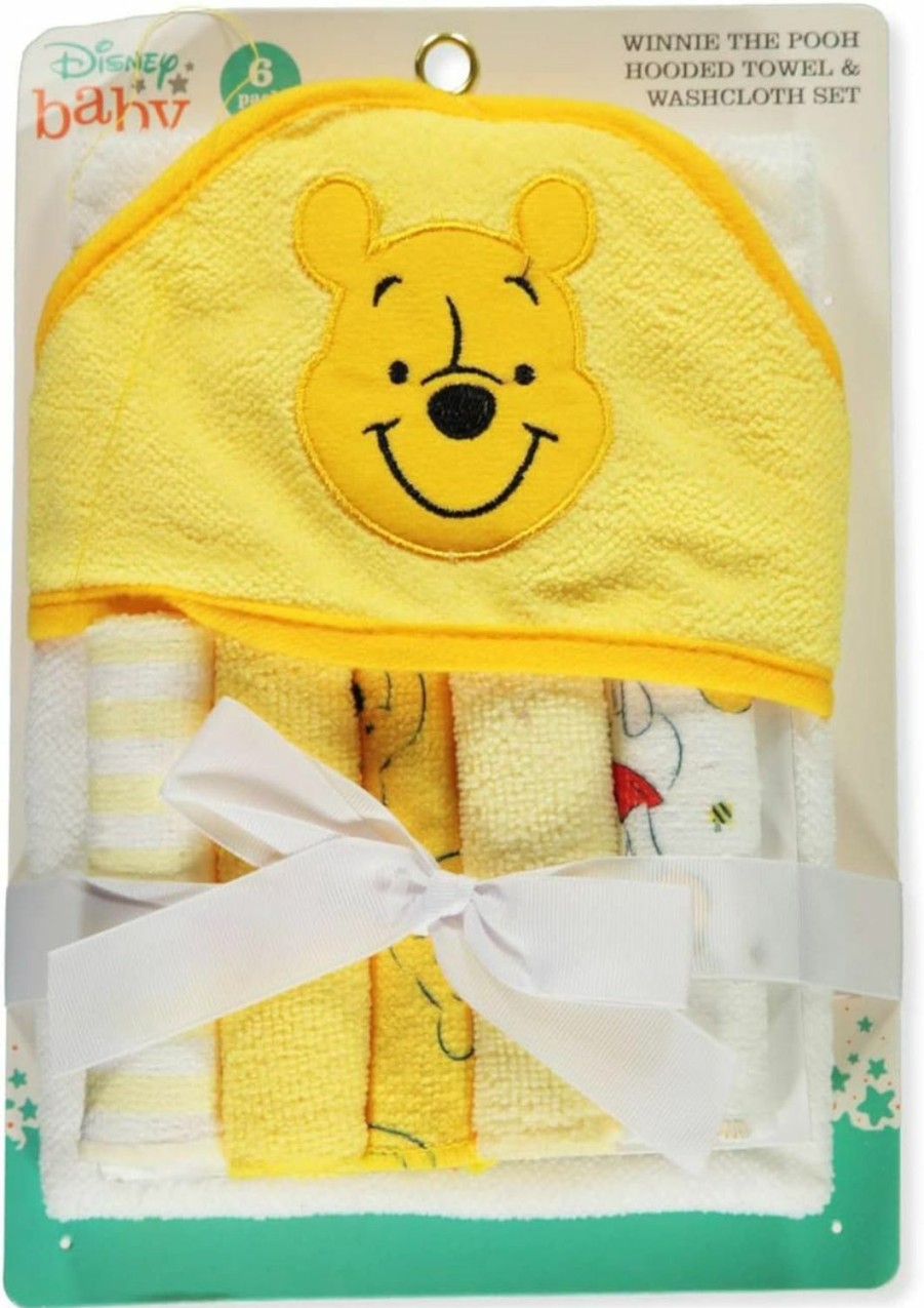 Baby Cudlie Accessories | Cudlie Accessories Disney Baby Winnie The Pooh Hooded Towel With 5 Piece Washcloth Set, Honey Collector Print, Gs71798, Yellow