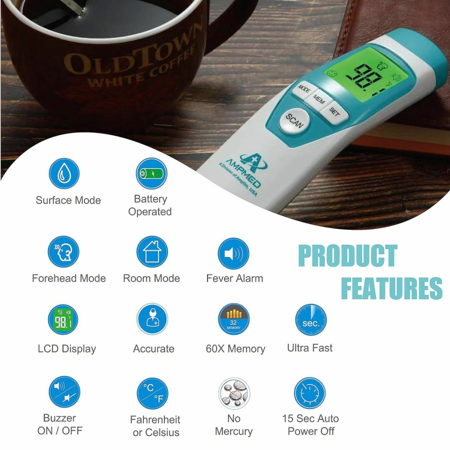 Baby Amplim | Amplim Non-Contact Forehead Thermometer For Kids And Adults. Ampmed Fsa Hsa Approved No-Touch Baby Head Temporal Thermometer. Touchless Digital Fever Thermometer For Accurate Temperature Reading