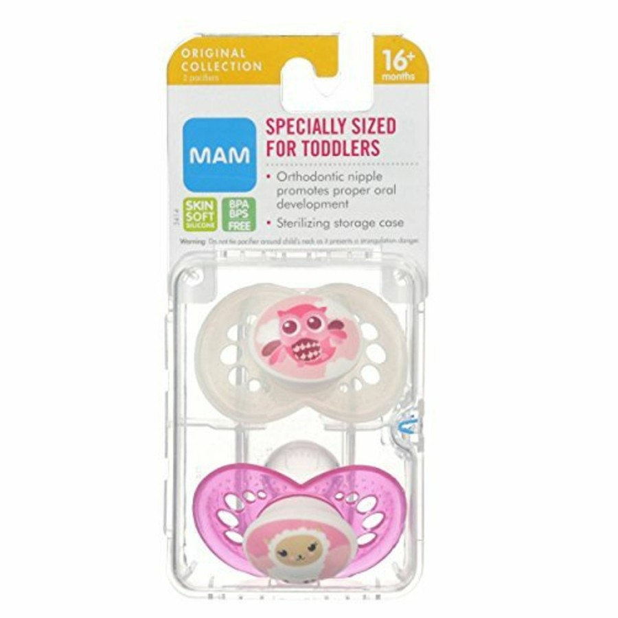 Baby MAM | Mam Original Baby Pacifier, Nipple Shape Helps Promote Healthy Oral Development, Sterilizer Case, Animal/Girl, 16+ (Pack Of 2)