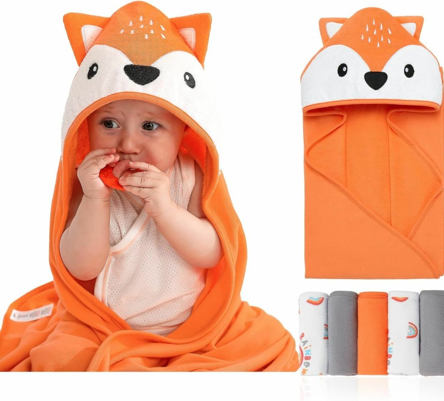 Baby SYNPOS | Synpos Baby Bath Towels, Newborn Hooded Baby Towel With 5 Baby Washcloths - Ultra Absorbent And Soft Hooded Bath Towel For Babie, Toddler, Infant - Unisex Hooded Baby Bath Towel