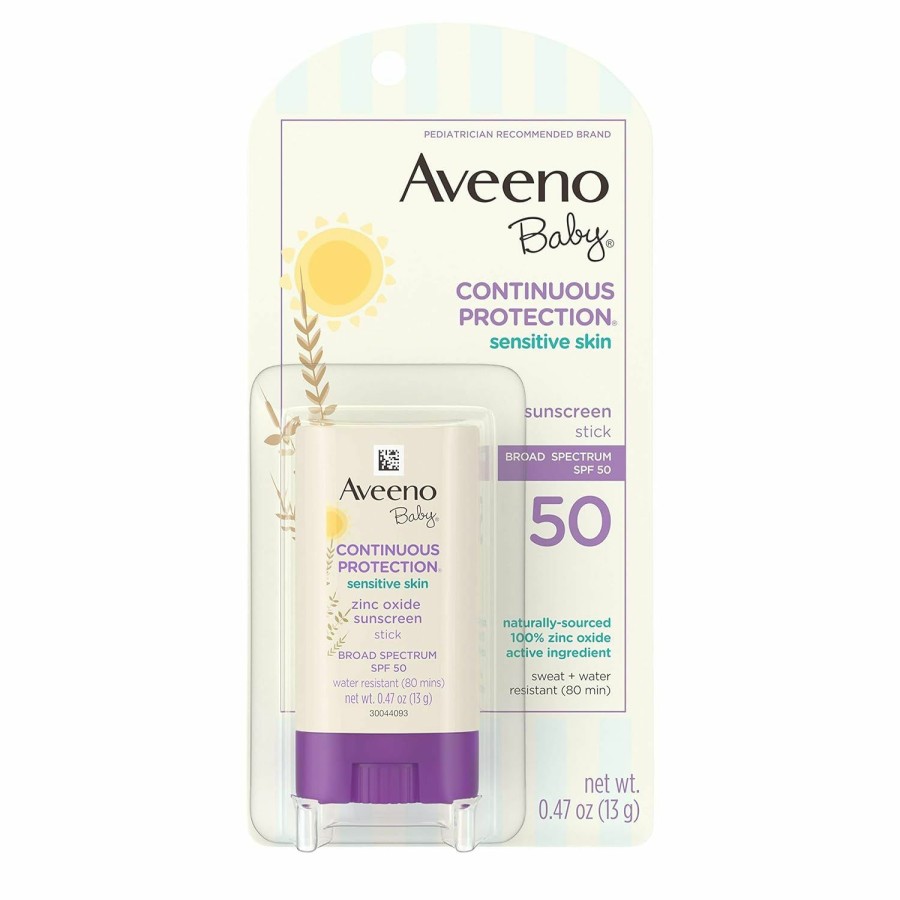 Baby Aveeno Baby | Aveeno Baby Continuous Protection Mineral Sunscreen Stick For Sensitive Skin With Broad Spectrum Spf 50 Protection For Face & Body, Naturally Sourced 100% Zinc Oxide, Travel Size, 0.47 Oz