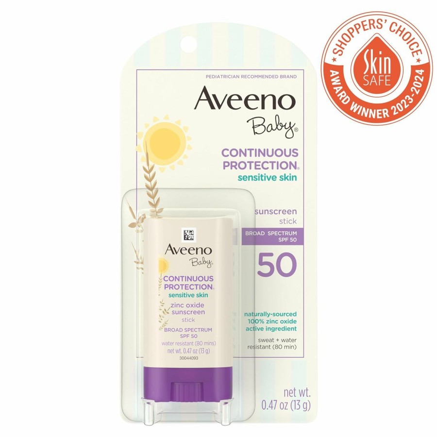 Baby Aveeno Baby | Aveeno Baby Continuous Protection Mineral Sunscreen Stick For Sensitive Skin With Broad Spectrum Spf 50 Protection For Face & Body, Naturally Sourced 100% Zinc Oxide, Travel Size, 0.47 Oz