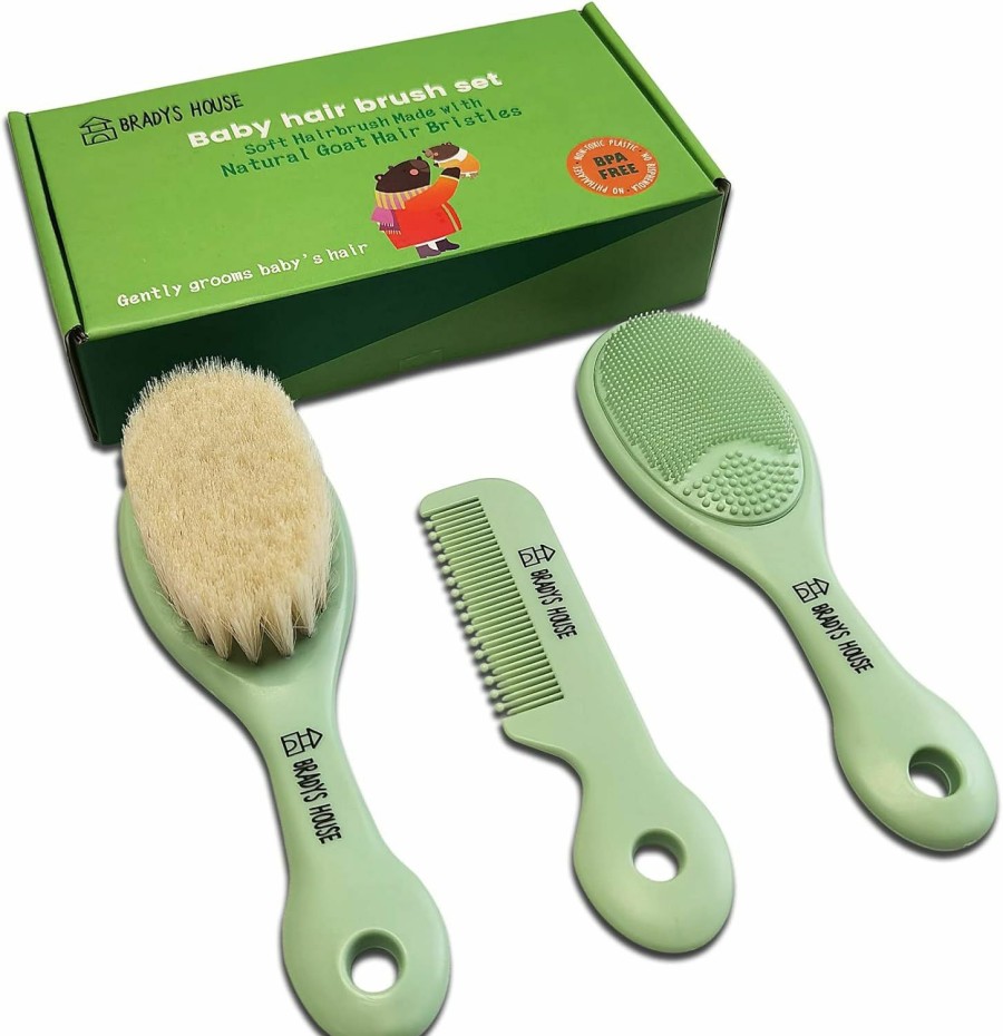 Baby BRADYS HOUSE | Bradys House - 3 Piece Baby Hair Brush & Comb Set For Newborns- Soft Goat Bristle Hair-Brush, Silicone Bath Brush And Plastic Comb For Infant, Toddler, Kids - Baby