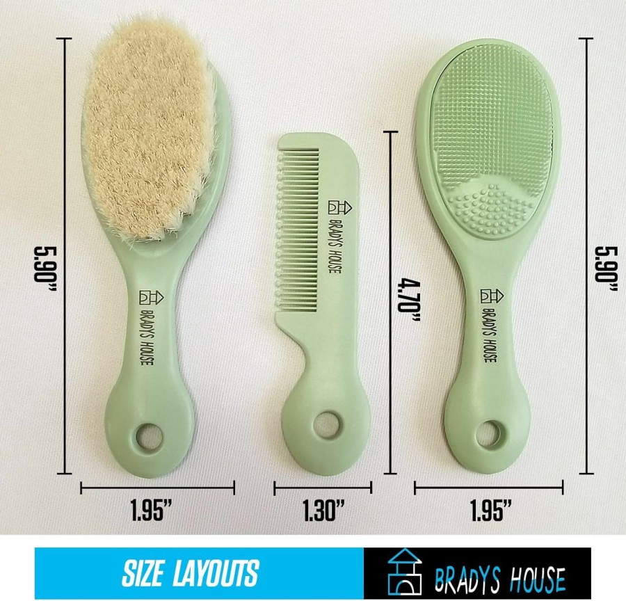 Baby BRADYS HOUSE | Bradys House - 3 Piece Baby Hair Brush & Comb Set For Newborns- Soft Goat Bristle Hair-Brush, Silicone Bath Brush And Plastic Comb For Infant, Toddler, Kids - Baby