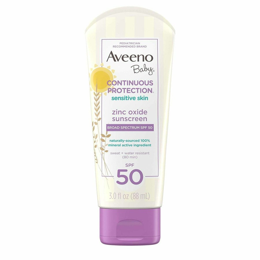 Baby Aveeno | Aveeno Baby Continuous Protection Zinc Oxide Mineral Sunscreen Lotion For Sensitive Skin, Broad Spectrum Spf 50, Tear-Free, Sweat- & Water-Resistant, Paraben-Free, Travel-Size, 3 Fl. Oz