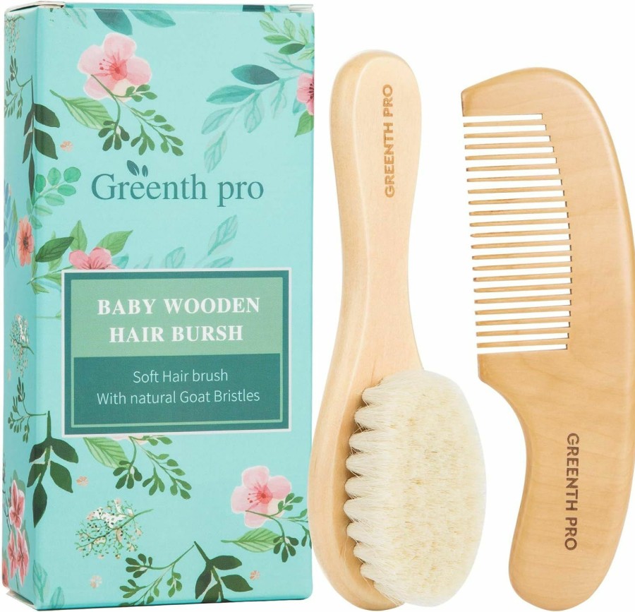 Baby GREENTH PRO | Greenth Pro Baby Hair Bush And Comb Set -Nature Lotus Wood With Soft Goat Bristle And Pear Wood Comb For Newborns & Toddlers, Ideal For Cradle Cap