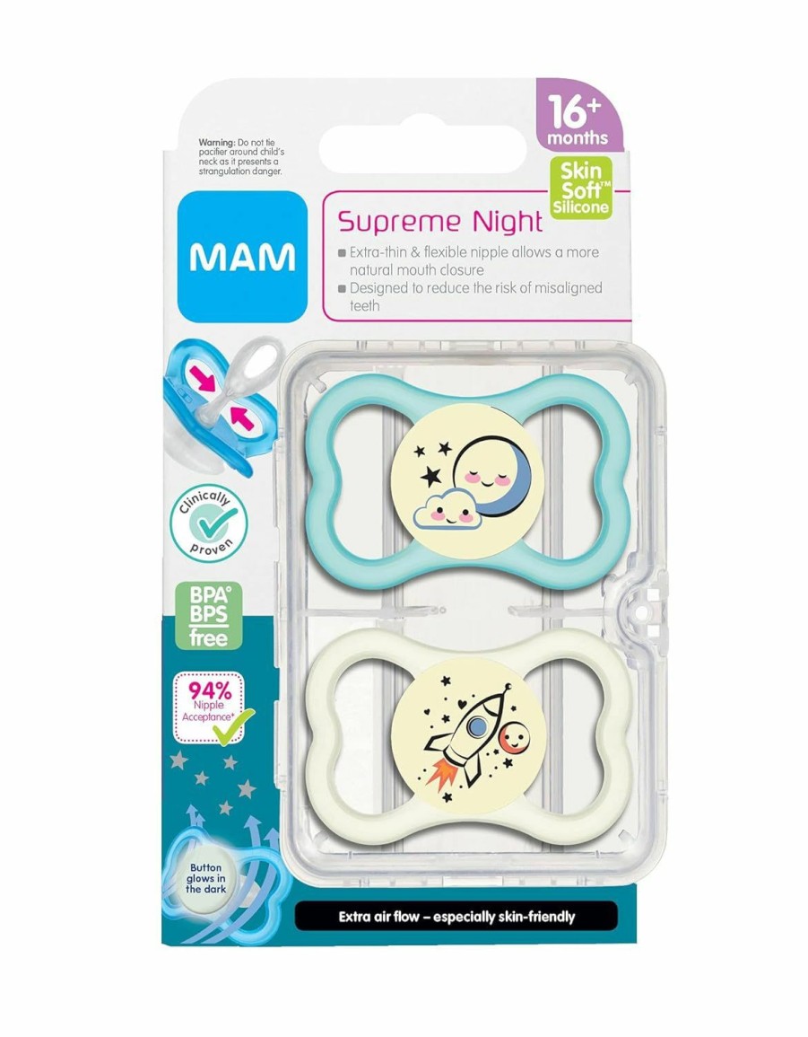 Baby MAM | Mam Supreme Night Baby Pacifier, For Sensitive Skin, Patented Nipple, 16+ Months, Girl, 2 Count (Pack Of 1)