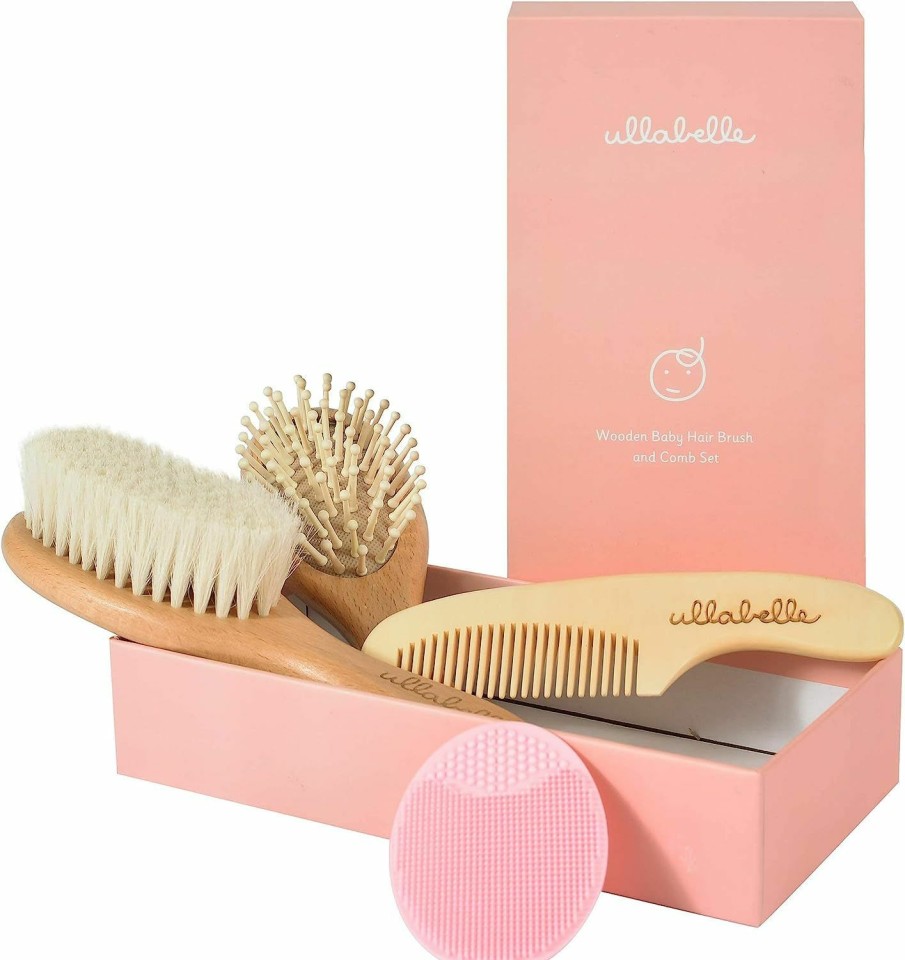 Baby Ullabelle | Ullabelle 4 Piece Wooden Baby Hair Brush And Comb Set For Newborns & Toddlers In Chic Gift Box - Ultra Soft Natural Goat Hair And Wood Baby Brush Set Prevents Cradle Cap - Perfect Registry Gift (Pink)