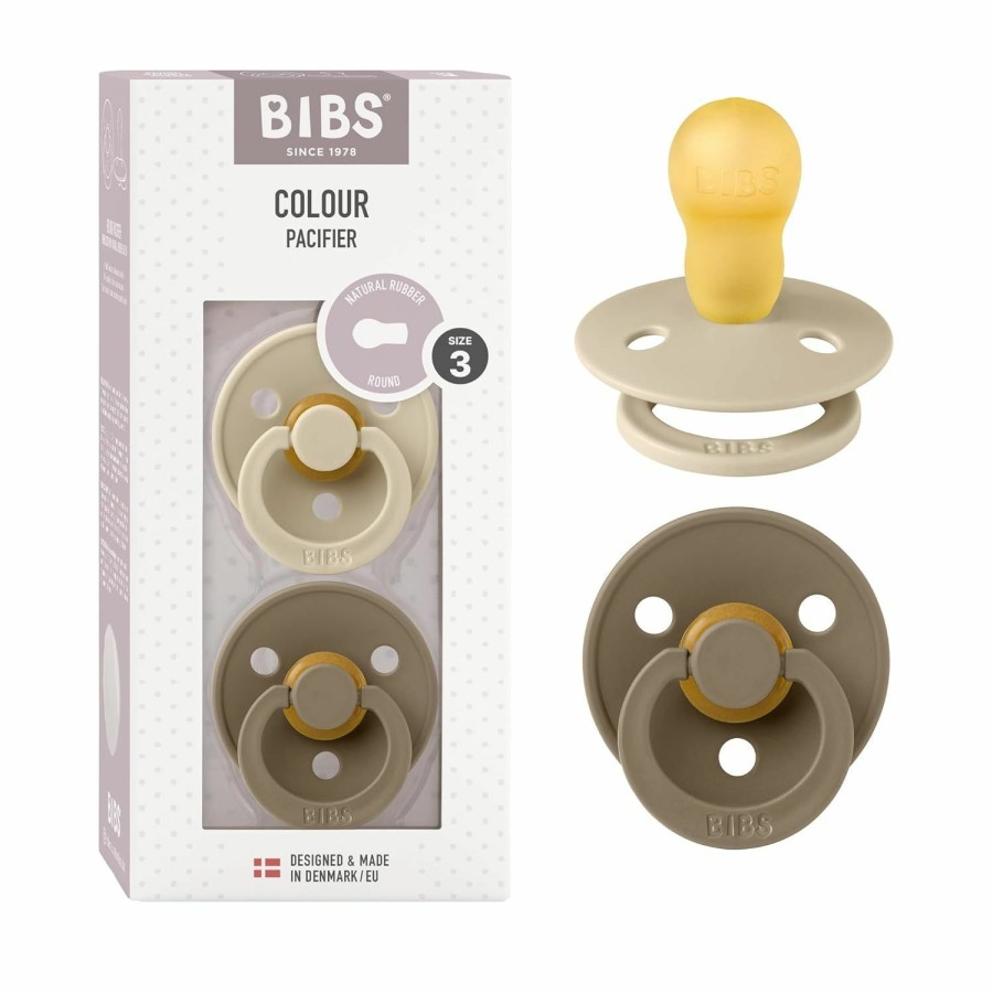 Baby Bibs | Bibs Colour Baby Pacifier 2-Pack | Made In Denmark | Bpa Free Dummy Soother, Round Nipple. Natural Rubber Latex, Size 3 (18+ Months), Vanilla/Dark Oak