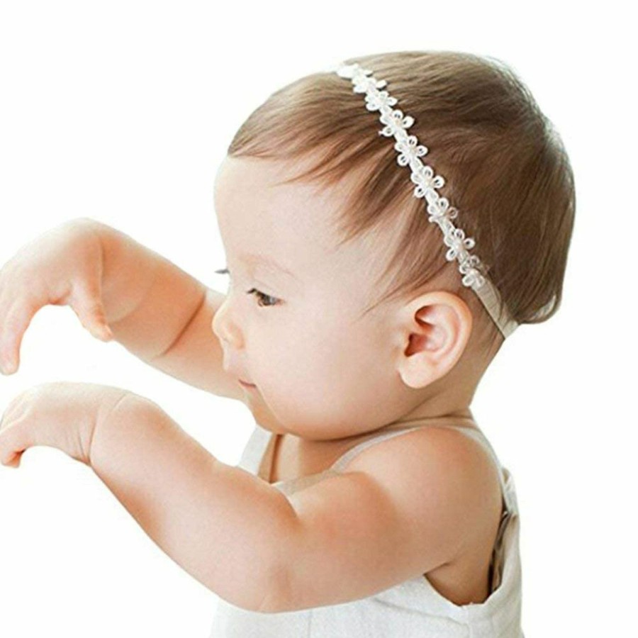 Baby RQJ | Rqj Christening Headband Baptism Halo Toddler Elastic Lace Headband Bows Flowers Pearl Baby Hair Accessories