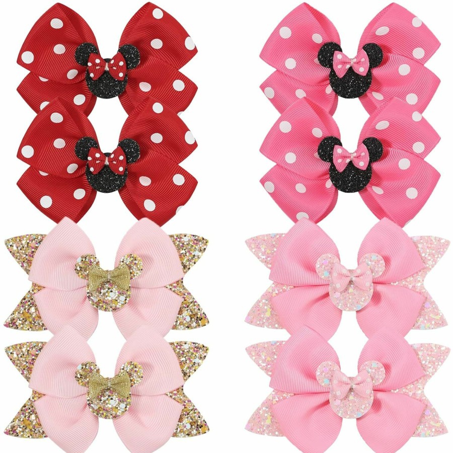 Baby Qearl | Qearl 8 Pcs Mouse Ears Bow Clips For Girls, Polka Dot Red Bows Theme Park Costume Party Decoration For Toddlers Girls In Pairs