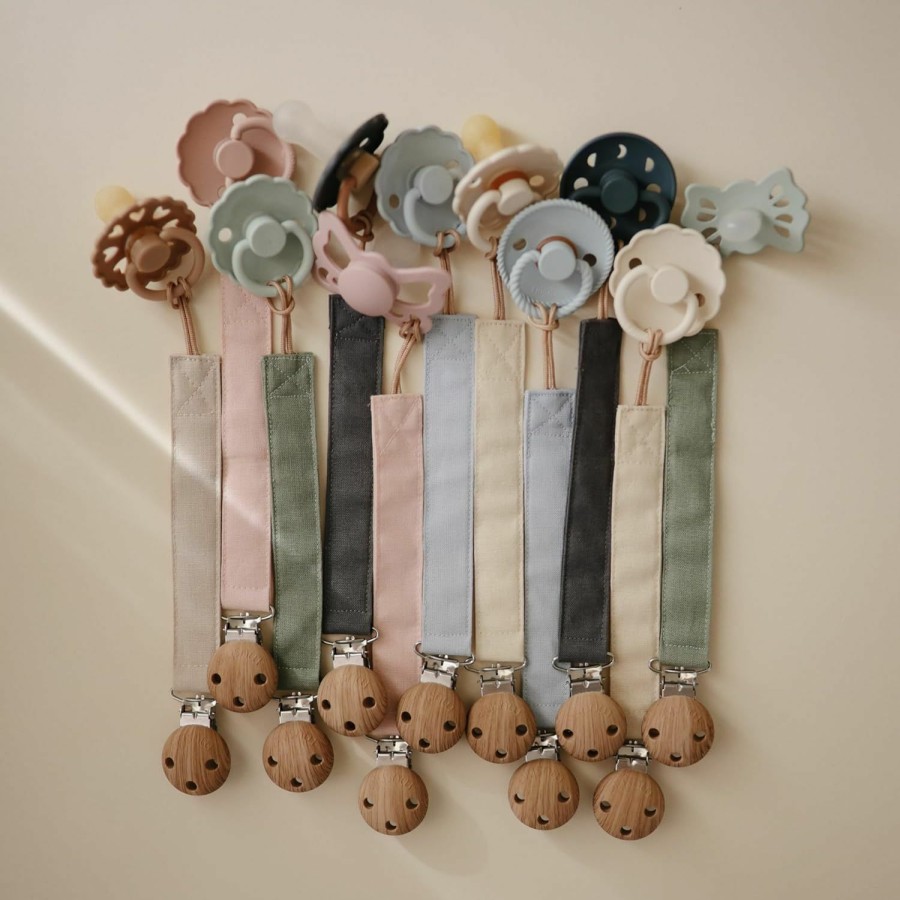 Baby mushie | Mushie Linen Baby Pacifier Clip Holder | Soft Fabric Strap, 2-Pack (Olive/Shifting Sand)