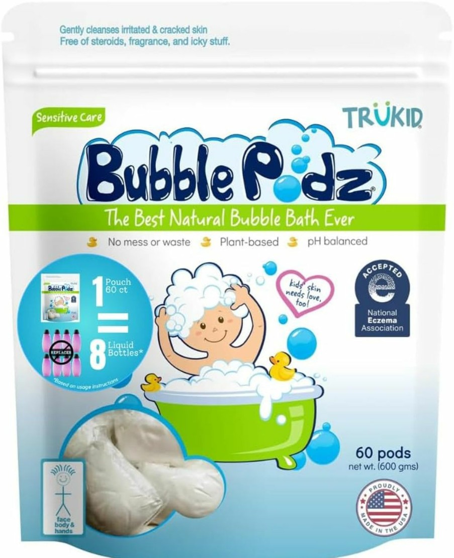 Baby TruKid | Trukid Bubble Podz Bubble Bath For Baby & Kids, Nea-Accepted For Eczema, Gentle Refreshing Colloidal Oatmeal Bath Bomb For Sensitive Skin, Ph Balance 7 For Eye Sensitivity, Unscented (60 Podz)