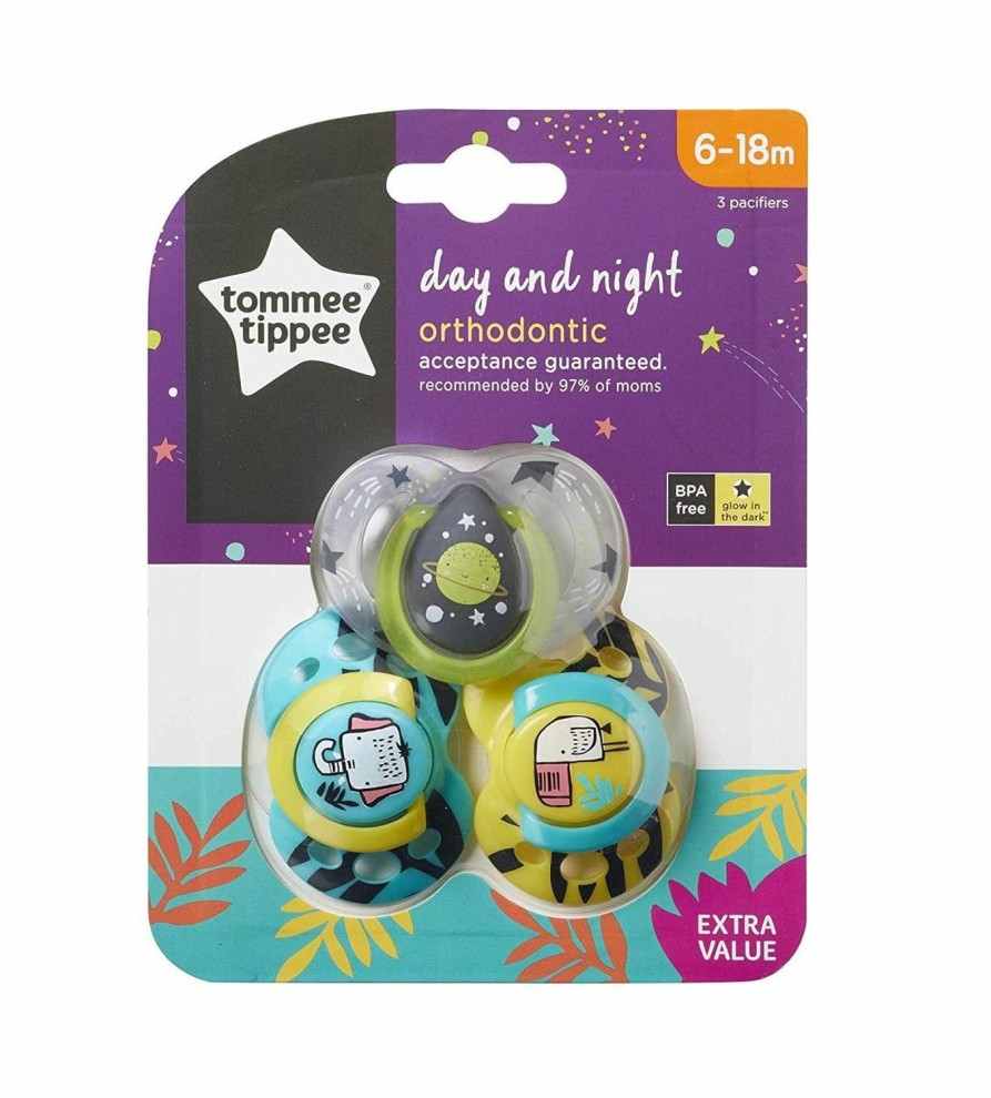 Baby Tommee Tippee | Tommee Tippee Day And Night Pacifiers, Symmetrical Design, Bpa-Free Silicone Binkies, 18-36M, 3-Count, Colors And Designs May Vary