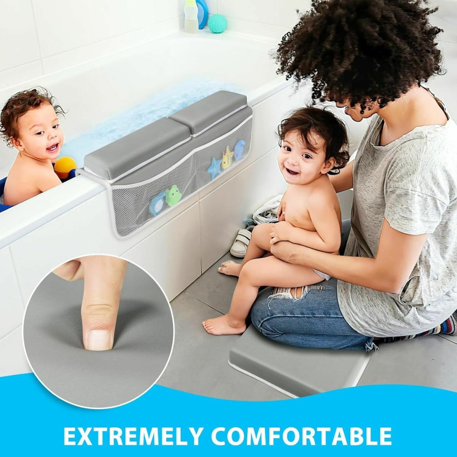 Baby Tiikiy | Tiikiy Comfortable Bath Kneeler And Elbow Rest Pad Set For Baby Shower Time Parents, Bathtub Kneeling Pad Painless Memory Foam Mat With Bath Toys Organizer Pockets Quick Drying -Green Gray