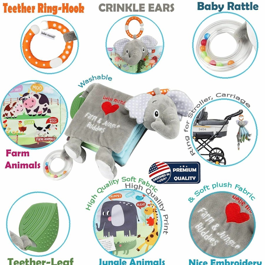 Baby bebe mondo | Baby Books 0-6 Months,Infant Toys, Elephant Soft Cloth Touch Feel Crinkle Books For Babies Toddlers,Baby Toys 3-6 Months 6 To 12 Months 1-3 Years Baby Gifts Boy Girl,Bunny Stuffed Plush Teething Toys