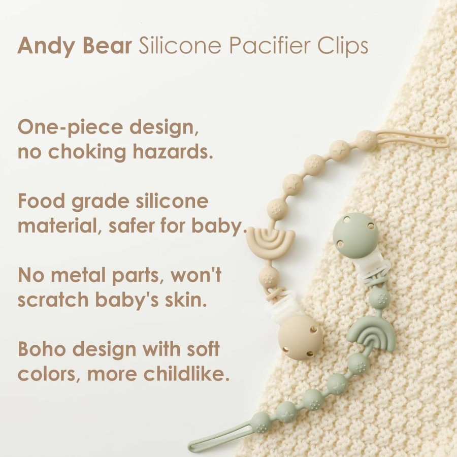 Baby Andy Bear | Baby Pacifier Clips One Piece Binky Clip Holder Silicone Teether Clip Pacifier Straps With Clip Baby Teether Toys For Boys And Girls Set Of 3 Andy Bear-Ivory+Sage+Blush