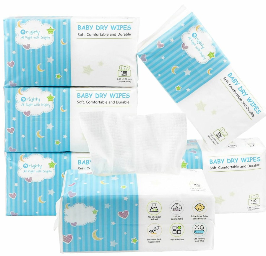 Baby Orighty | Orighty Baby Dry Wipes - Super Soft & Gentle Baby Washcloths, Use Wet Or Dry, 100% Unscented Tissue For Baby Sensitive Skin, Ideal For Diaper Changes, Feeding, Nursing, Runny Nose & Drool, 600 Count