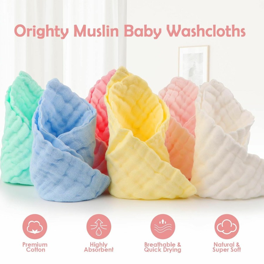 Baby Orighty | Orighty Muslin Baby Washcloths Pack Of 6 - Soft Face Cloths For Newborn, Absorbent Baby Bath And Face Towels, 100% Cotton Baby Wipes, Burp Cloths, Feeding Towels For Babies And Infants - 10 X 10''