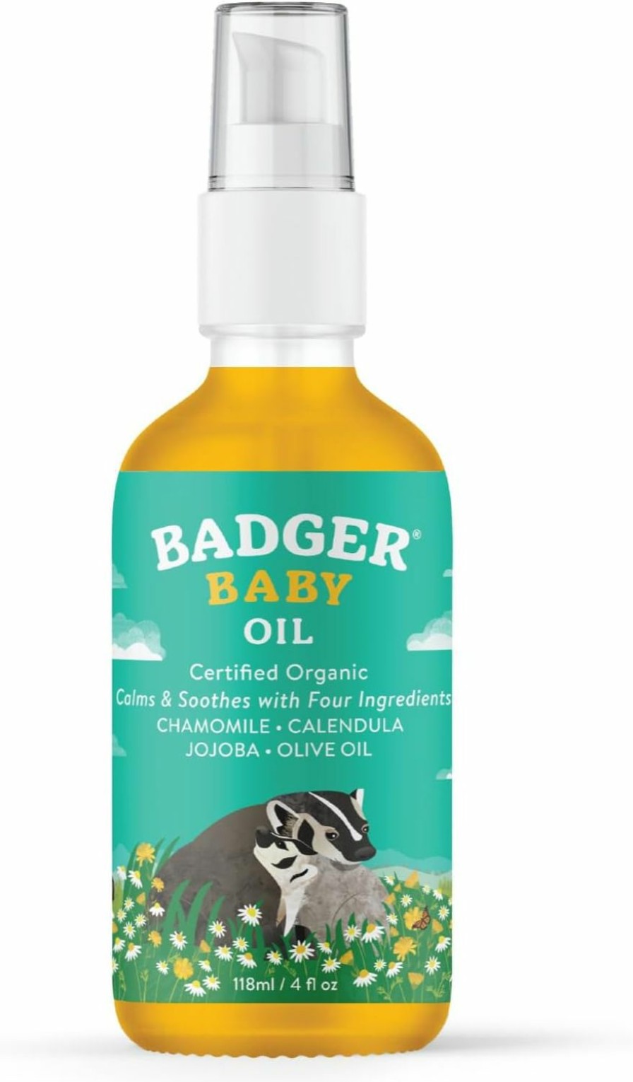 Baby Badger | Badger Baby Oil With Chamomile Calendula, All Organic Ingredients, Soften Moisturize With Organic Baby Oil For Dry Skin Or Cradle Cap, Soothing Baby Oil For Newborns, 4 Fl Oz Glass Bottle